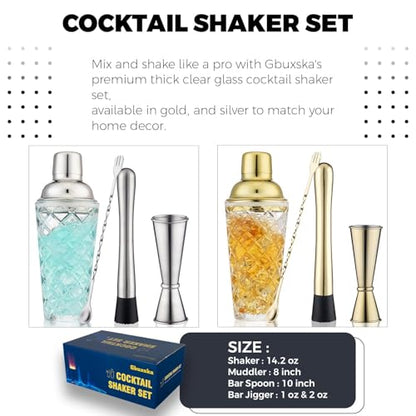 Cocktail Shaker Set, 14.2oz Glass Martini Shaker with Strainer - Includes Measuring Jigger, Mixing Spoon and Muddler - Perfect for Making Cocktails and Protein Shakes (Silver) - color: Silver Set