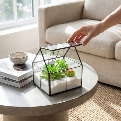 House Shape Glass Terrarium Planter with Swing Lid Black Frame | Black metal frame transparent glass panel, suitable for DIY planting of small succulent plants and mosses - size: 4.3"L x 4.3"W x 4.9"H