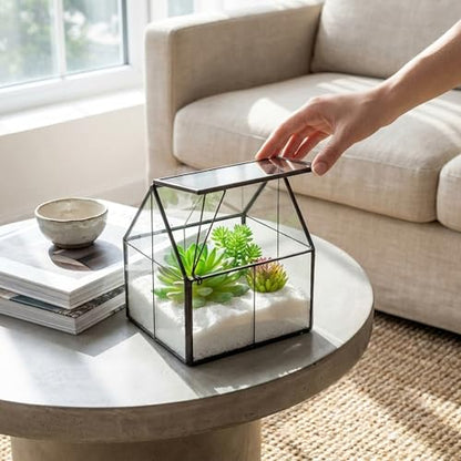 House Shape Glass Terrarium Planter with Swing Lid Black Frame | Black metal frame transparent glass panel, suitable for DIY planting of small succulent plants and mosses - size: 4.3"L x 4.3"W x 4.9"H