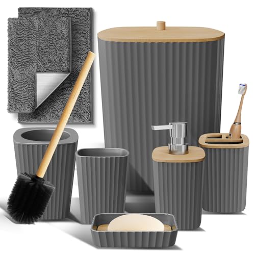 Clara Clark Bathroom Set - Grey Bathroom Accessories Set, 6PC Bathroom Accessory Set, Bathroom Sets with Bathroom Rugs, Toilet Brush, Trash Can & Soap Dispenser - color: Grey, size: Complete Set + Bath Rugs