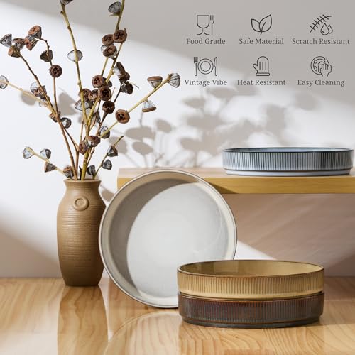 E-far Pasta Bowls Set of 4, 35oz Large Salad Bowl Plate for Dinner Serving Soup, Wide & Shallow Ceramic Stoneware Pasta Plates, Microwave & Dishwasher Safe, Reactive Glaze Textured Stripes, Multicolor - color: Multicolor