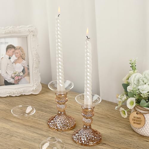 OwnMy Gold Glass Taper Candle Holders Decorative Glass Candlestick Holders | 2PCS Modern Glass Taper Candle Stands, Glass Taper Candlestick Holders for Dining Table Centerpieces Wedding Church Decors