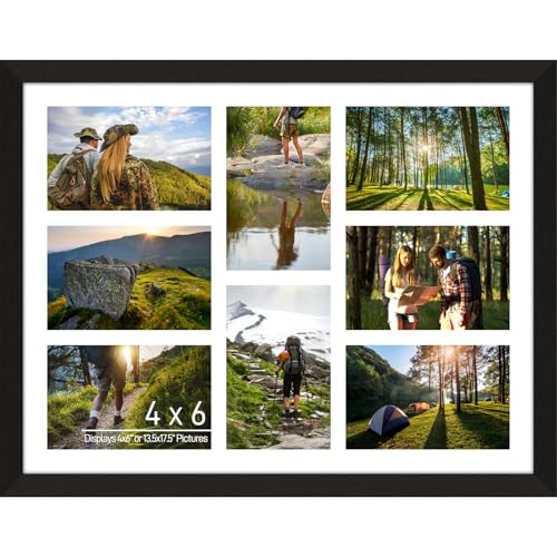 4x6 Photo Collage Frame 8 Openings Wooden, Black Frame,White Mat | Holds 8 4x6 Photos, 13.5"x17.5" Multi Picture Frame Collage Wall Decor Wood, Horizontal & Vertical, Wall Mount - color: Black Frame & White Mat, size: 8 Openings (13.5x17.5) - 4x6"