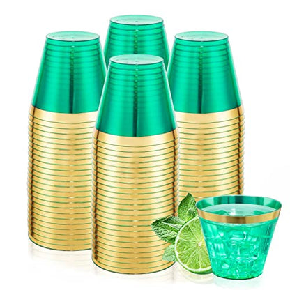 150 PCS Green Plastic Cups,9oz Clear Green Disposable Cups with Gold Rim | Old Fashioned Tumblers Gold Rimmed Green Plastic Cups,Unbreakable cups for Any occasion: Weddings, Parties, Business Events - color: Green