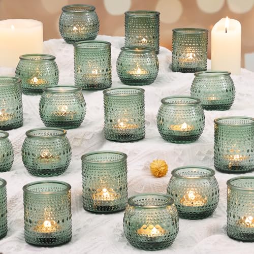 32 Pcs Green Votive Candle Holders Bulk- Assorted Green Candle Holder for Vintage Wedding Table Centerpieces, Bridal or Baby Shower Decoration, Tea Party Decorations - color: Green