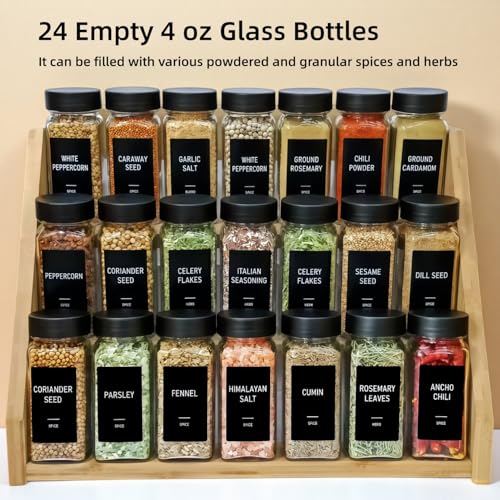 Spice Jars with Labels - 24 Glass Spice with Shaker Lids & Airtight Plastic Caps - 4oz Complete Seasoning Containers Organizer Set for Cabinet, Drawer & Rack (Black) - color: Black