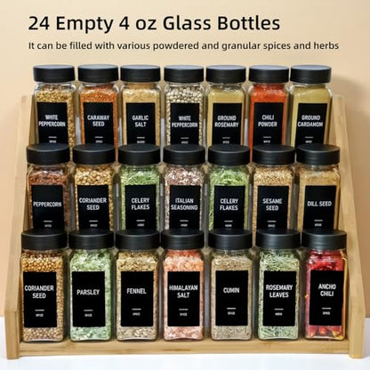 Spice Jars with Labels - 24 Glass Spice with Shaker Lids & Airtight Plastic Caps - 4oz Complete Seasoning Containers Organizer Set for Cabinet, Drawer & Rack (Black) - color: Black