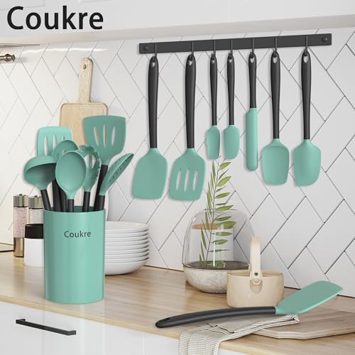 Coukre Silicone Kitchen Cooking Utensils Set, Heat Resistant, 14-Piece | Dishwasher-Safe, Food-Grade Silicone, BPA-Free, Spatulas, Spoons & Turner, Safe for Nonstick Cookware, AquaGreen - color: AquaGreen