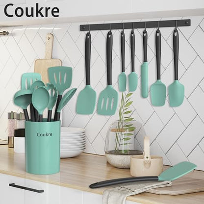 Coukre Silicone Kitchen Cooking Utensils Set, Heat Resistant, 14-Piece | Dishwasher-Safe, Food-Grade Silicone, BPA-Free, Spatulas, Spoons & Turner, Safe for Nonstick Cookware, AquaGreen - color: AquaGreen