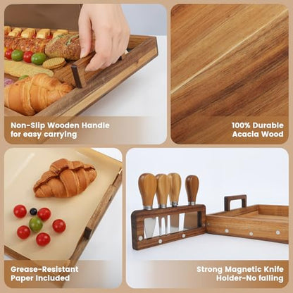 Large Charcuterie Board 30x12 Inch with Cheese Knife Set Acacia Wood | Extra Large Acacia Wood Board with Handles,30PCS Wax Paper Inlucded,Long Serving Tray for Party,Picnic and Home Entertaining - size: 30 Inches