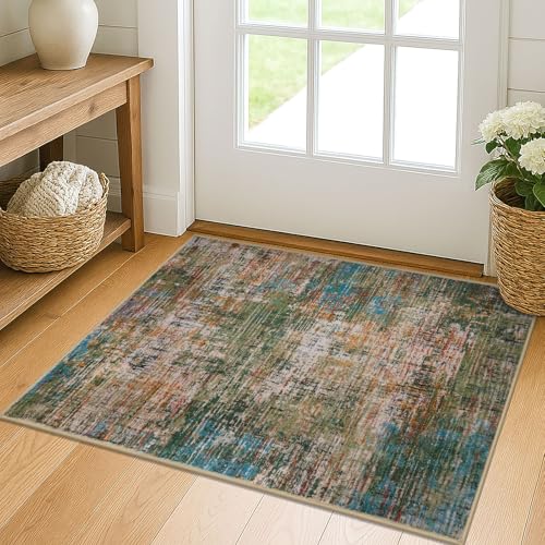KILOCOCO Abstract Small Rug 2x3 Washable Entryway Rug, Green/Orange/Blue | Machine Washable Kitchen Rugs, Non Slip Door Mat Indoor Entrance, Soft Entry Rugs for Inside House, Printed Throw Rug - color: Multi Green, size: 2' x 3' (Rectangular)