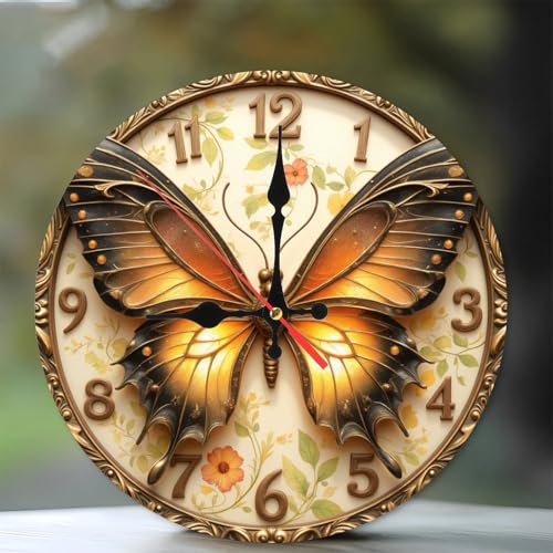 Butterfly Wall Clock with Floral Design and Golden Accents10-Inch Wooden Wall Clock, Silent Movement, Artistic Home Decor - color: Butterfly, size: 10x10inch(25x25cm)