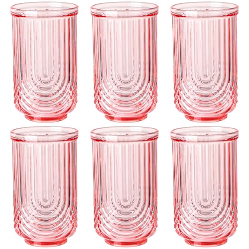 Pink Vintage Drinking Glasses Set of 6-17oz Hand-Blown Highball Ribbed Glassware, Arch Design Cocktail Glasses for Whiskey Water Beverages Ice Coffee Juice Milk - color: Pink, size: 17oz
