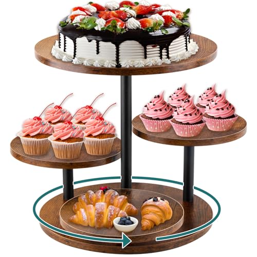 Rustic 4-Tier Rotating Wooden Cupcake Tower Stand for 50-60 Cupcakes, Elegant Dessert Display Tray for Parties, Weddings, and Celebrations