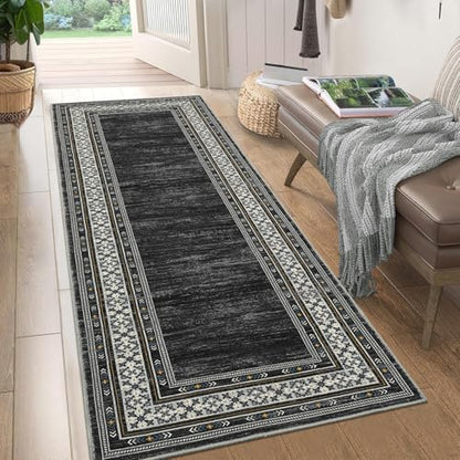 Modern 2x6 Rug Runners for Hallways Non Slip, Bordered Solid Washable Area Rug Stain Resistant Non Shedding Throw Rugs, Foldable Low Pile Thin Carpet for Entryway, Kitchen, Bedroom, Black | Solid Washable Low Pile Stain Resistant Non Shedding Foldable Thi