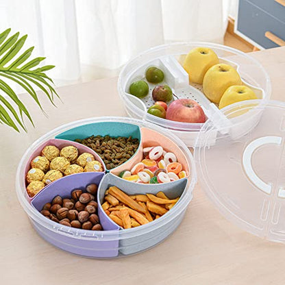 Circle Fruit Tray Separable Snacks Bowl Nut Food Candy Picnic Salad Storage Containers Plastic Platter Divided Serving Tray Portable 5 Compartments with Lid