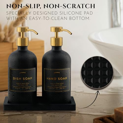 Glass Soap Dispenser Set of 2 (Black) with Silicone Tray | Hand and Dish Soap Dispenser for Kitchen and Bathroom | 16.8 Oz Glass Bottles with Stainless Steel Pump & 15 Waterproof Labels (Black/Gold) - color: Black/Gold