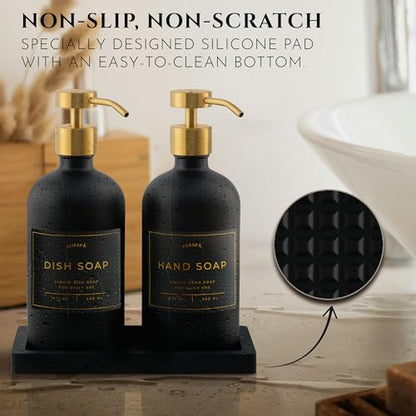 Glass Soap Dispenser Set of 2 (Black) with Silicone Tray | Hand and Dish Soap Dispenser for Kitchen and Bathroom | 16.8 Oz Glass Bottles with Stainless Steel Pump & 15 Waterproof Labels (Black/Gold) - color: Black/Gold