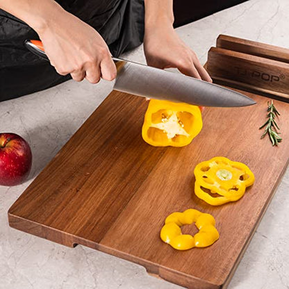 TJ POP Acacia Wood Cutting Board for Kitchen, Premium Wooden Chopping Board with Stand Organizer and Built-in Handle, 15.8 x 11.9 x 1 Inches Butcher Block Large Cheese Serving Board - color: Acacia woood with stand
