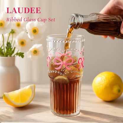 22 Oz Ribbed Glass Cups with Lids and Straws Set of 2, Glassware Set with Pink Bow Glass Tumbler Iced Coffee Cups, Ideal for Iced Coffee, Tea, Milk, Smoothie, Hot Drinks
