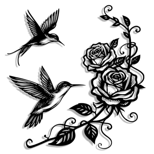 Pinetree Art Flowers and Birds Metal Wall Art Black Hummingbird Rose Set of 3 for Modern Farmhouse Living Room Bedroom Bathroom Kitchen Home Office DIY Decoration