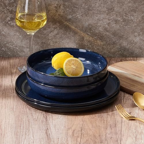 E-far Blue Pasta Bowls Set of 4, 35oz Double Reactive Glaze Stoneware | Wide & Shallow Ceramic Pasta Plates for Serving Salad Soup Dinner, Dishwasher & Microwave Safe - color: Deep Sea Blue
