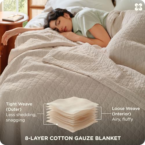 Bedsure PureWoven 100% Cotton Muslin Blanket 8-Layer, Queen, Linen Beige | 90" X 90", Breathable, Moisture-Wicking, All-Season, Softens After Wash, 460 GSM, Gauze Bedding, Low Shedding, for Adults - color: Linen Beige, size: Queen