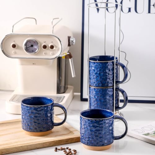 Nihow 16 OZ Ceramic Coffee Mug with Stackable Stand,Set of 4,Blue | Stainless Stand Included, Cappuccino & Tea, Hot/Cold Drinks, Dishwasher & Microwave Safe - color: Vivid Blue, size: 16 oz With Stand