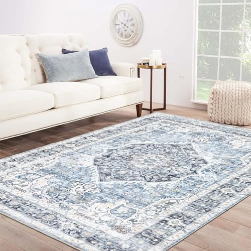 Area Rug 9×12, Large Vintage Boho Rug,Ultra-Soft Low Pile, Washable, Non Slip,Stain Resistant, Printed Carpet for Living Room Bedrooms Playroom Office Kitchen, Light Blue - color: Light Blue, size: 9' x 12' (Rectangular)