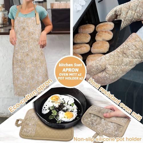 Oven Mitts and Pot Holders with Cooking Apron Set of 5, Heat Resistant Kitchen Gloves and Silicone Non-Slip Potholders, Adjustable Neck Buckle Chef Apron, Cotton Nice Design for Cooking (Tawny) - color: Tawny