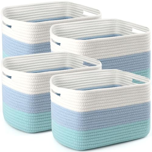 4 Pack Storage Baskets for Organizing, 11''Lx9''Wx8''H Woven Baskets for Storage Toys, Towels, Books, and Clothes, Cotton Rope Basket for Shelves with Handle - color: White & Blue, size: Large