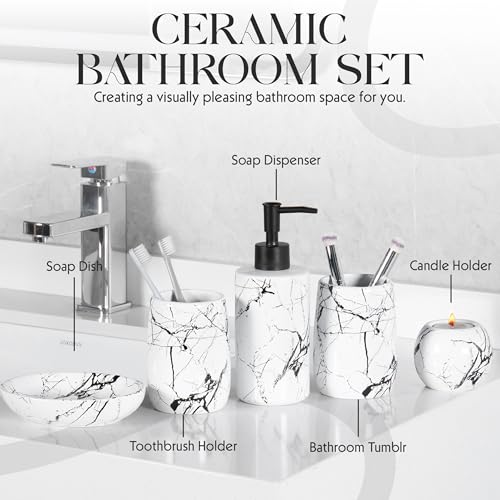 Ceramic Bathroom Accessory Set, 5-Piece Bathroom Accessory Set, Soap Dish, Toothbrush Holder, Soap Dispenser, Bathroom Tumbler & Candle Holder - Modern Bathroom Organizer, (White & Black) - color: White and Black