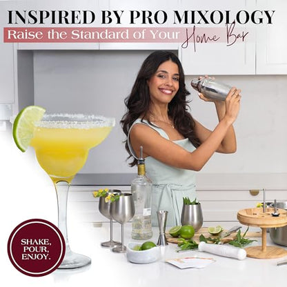 Gusto Nostro Cocktail Set Bartender Kit with Stainless Steel Ice Bucket - Complete Mixology Bar Tool Set with Wooden Organizer, Cocktail Shaker, Jigger, Muddler, Spoon, Tongs, Pourers, Recipe Cards - color: Silver (3.6 qt + Barware)