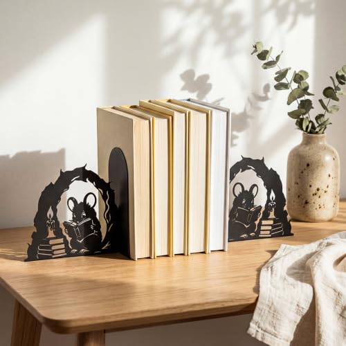 Sintuff 2 Pcs Metal Bookends Mouse Reading Book Book Ends for Shelves Decorative Bookshelf Hollow Letter Bookends Home Library Office School Desk Bookshelf Decor for Back to School Books Lovers Gift - style: Mouse Reading Book