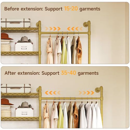 L2 Wall Mounted Closet System, Industrial Pipe Clothing Rack, Gold | Metal Clothes Rack with 2 Telescopic Rods & 6 Shelves, Heavy Duty Closet Organizers for Wardrobe, Reach-in & Walk-in Closets - color: Gold
