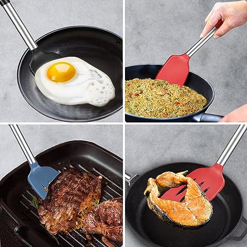 Silicone Spatula and Cooking Spoon,5 Pack Solid & Slotted Spoons and Spatulas High Heat resitant for Kitchen, Stainless Steel Handle Coated with Silicone, Non Stick Utensil, Starry blue - color: Starry blue