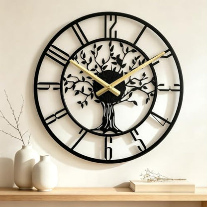 Wall Clock for Living Room Decor 14 inch Tree of Life Metal Wall Art, Non-Ticking Battery Operated Metal Black for Office/Bedroom/Kitchen/Dining Room Decoration - size: B 14 Inch