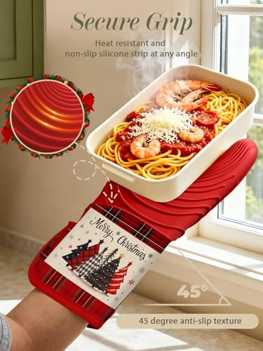 Slohif Long Silicone Oven Mitts Heat Resistant for Women - 2 Pcs Christmas Tree 100% Cotton Oven Gloves, Non-Slip and Waterproof Silicone Oven Mitts with Hanger for Baking and Cooking - color: Red