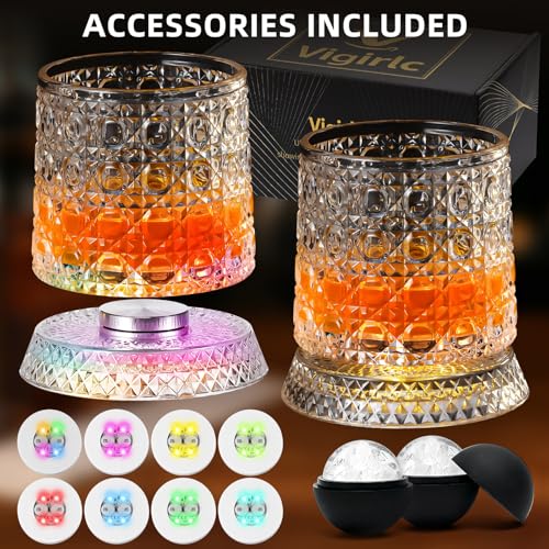 Luxury 360° Spinning Crystal Whiskey Glass Set Of 2, Rotating Old Fashioned Rocks Glasses & & 4 Color Lighting, Scotch & Bourbon, Cocktail Glasses for Bar, Party, Home, and Gift (Gemstone) - color: Gemstone