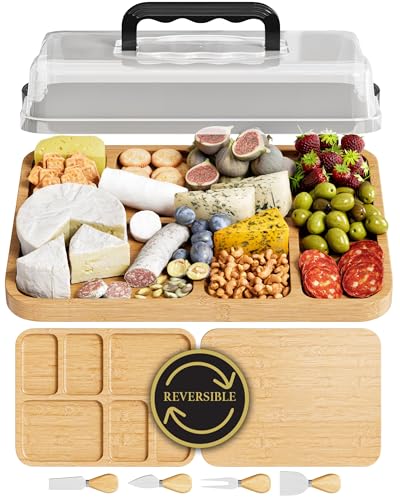 Charcuterie Board with Lid - Reversible, 2-in-1 Travel Portable Cheese Board for Picnics & Entertaining - Housewarming Gift Set Idea - Covered Snack Serving Tray - Large Food Platter - color: Natural Bamboo Wood