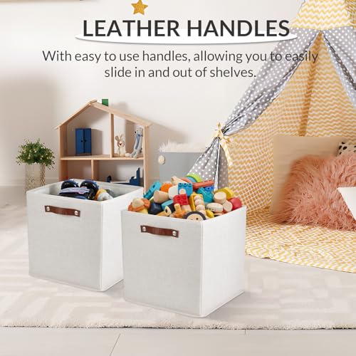 Garvee 6 Pack 13×13 Inch Foldable Fabric Storage Cube Bins, Linen Closet Organizer Boxes with Sturdy Leather Handles, Collapsible Storage Basket for Shelves, Cabinet, Home Organization, Beige