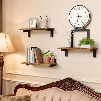 Floating Wall Shelves Set of 3 with Clock, 15 Inch | Wood Shelves, Rustic Finish, Wall Mounted, Storage Display, Farmhouse Style, Living Room, Bedroom, Bathroom, Kitchen