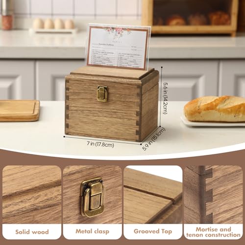 KIRIGEN Wooden Recipe Box with Cards and Dividers, 2 Compartments, Brown | Recipe Card Box Includes About 100 Cards, 100 Protectors, 12 Dividers, Acrylic Shield, Hinged Lid, and Metal Clasp - color: Brown