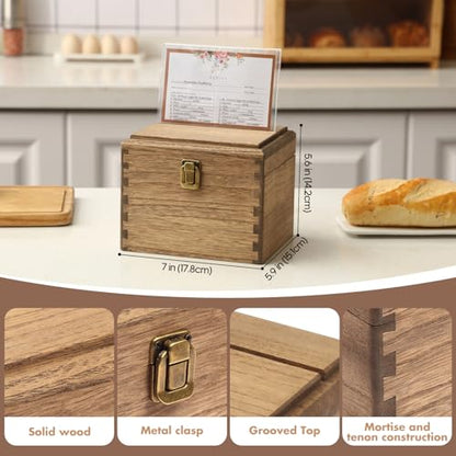KIRIGEN Wooden Recipe Box with Cards and Dividers, 2 Compartments, Brown | Recipe Card Box Includes About 100 Cards, 100 Protectors, 12 Dividers, Acrylic Shield, Hinged Lid, and Metal Clasp - color: Brown
