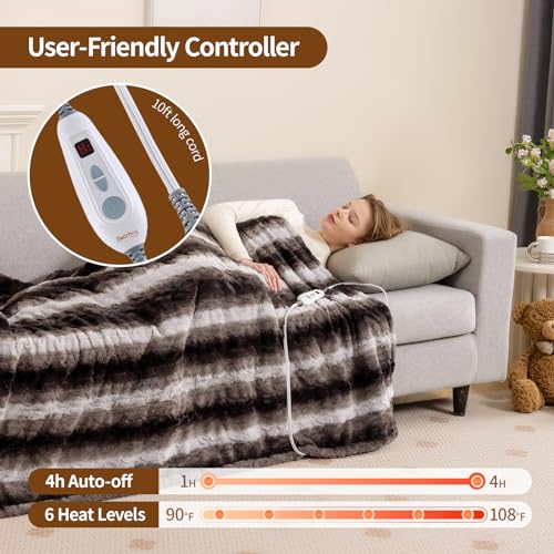 Bearhug Heated Blanket 6 Heat Settings Electric Blanket, 4-Hour Auto Shut-Off, Luxurious Faux Fur & Sherpa Dual-Sided Heated Throw, Machine Washable, 50 x 60 Inches, Gift-Ready Elegant Packaging - color: Cocoa Fade Stripe, size: Throw 50" x 60"