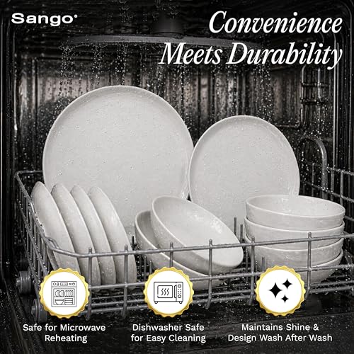 Sango 16-Piece Boho Farmhouse Stoneware Dinnerware Set for 4, Semi-Matte White Plates and Bowls Sets with Rustic Speckled Glaze, Ceramic Dish Set, Modern Dishes, Microwave & Dishwasher Safe, Kaya - color: White