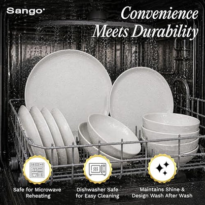 Sango 16-Piece Boho Farmhouse Stoneware Dinnerware Set for 4, Semi-Matte White Plates and Bowls Sets with Rustic Speckled Glaze, Ceramic Dish Set, Modern Dishes, Microwave & Dishwasher Safe, Kaya - color: White