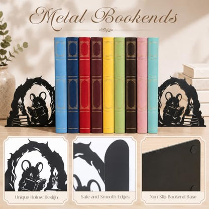 Sintuff 2 Pcs Metal Bookends Mouse Reading Book Book Ends for Shelves Decorative Bookshelf Hollow Letter Bookends Home Library Office School Desk Bookshelf Decor for Back to School Books Lovers Gift - style: Mouse Reading Book
