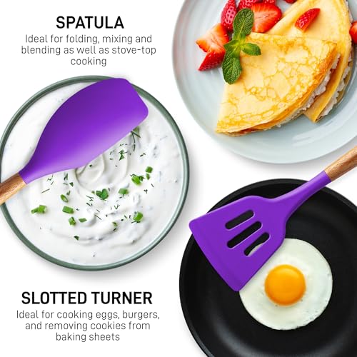 Zulay Kitchen 5 Piece Silicone Utensil Set | Non-Stick Silicone Cooking Utensils Set with Acacia Wood Handles - 464°F Heat Resistance Kitchen Utensils Set - Purple - color: Purple, size: 5-Piece Set