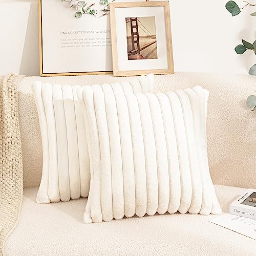 Uhomy 2 Pack Faux Fur Plush Decorative Throw Pillow Covers Fuzzy Striped Soft Pillowcase Cushion Covers for Living Room Sofa Couch Bedroom, True White 22x22 inch 55x55 cm - color: White, size: 22" x 22" (Pack of 2)